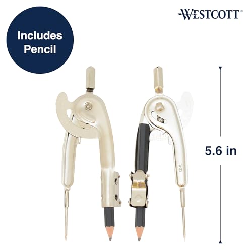 Westcott Nickel-Plated Ball Bearing Compass with Pencil, Professional Style, Back-to-School Supplies, Draws Circles up to 13 Inches in Diameter - size: Ball Bearing