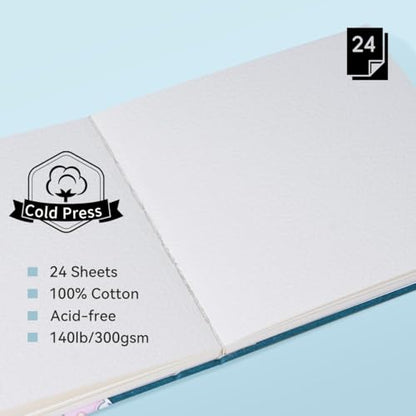 Arrtx Square Watercolor Sketchbook, 5.47" Cold Press | 140LB/300GSM, 100% Cotton, Hardcover, 24 Sheets. Ideal Travel Notebook for Artists, Adults, and Students - size: 5.47x5.47''