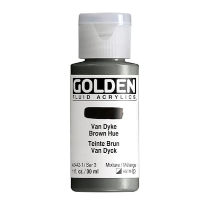 GOLDEN Fluid Acrylics, Van Dyke Brown Hue, 1 fl. oz. Bottle | Artist grade acrylic paint with rich pigment load and a flowing constency useful for even coverage and fine details.
