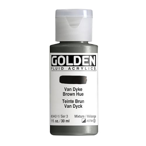 GOLDEN Fluid Acrylics, Van Dyke Brown Hue, 1 fl. oz. Bottle | Artist grade acrylic paint with rich pigment load and a flowing constency useful for even coverage and fine details.