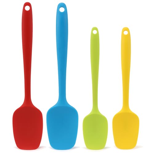 Silicone Spatula Set of 4, Non-stick Rubber Spoon Spatulas, One Piece Design Flexible Silicone Spoon for Baking Cooking Mixing, Dishwasher Safe, 2 Sizes - color: Red,Blue(Large)+Green,Yellow(Small)