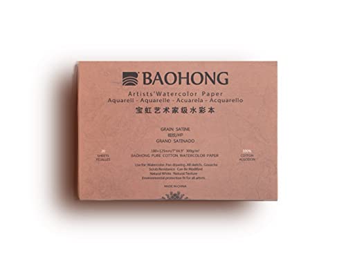 BAOHONG Artists' Watercolor Paper Block (20 Sheets, glued on Four Edges), 100% Cotton, Acid-Free, 140LB/300GSM, Watercolor Art Supplies for Wet, Dry, and Mixed Media Painting (Hot Press 4.9"X7")