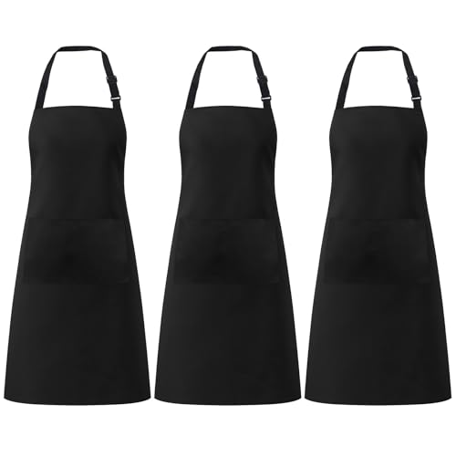3 Pack Black Aprons with Pockets Adjustable Waterproof for Kitchen