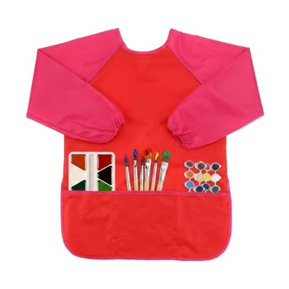Kids Art Smocks,Colorful Toddler Painting Apron Waterproof Artist Smock with Long Sleeve and 3 Pockets for Kids 3-7 - color: Red