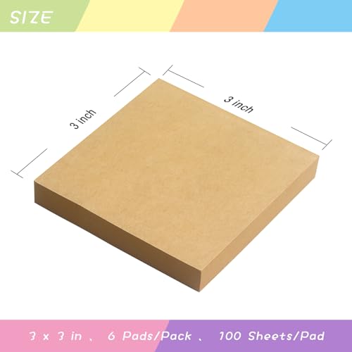 Sticky Notes 3x3 with Bright Colors, 6 Pads 100 Sheets/Pad (Kraft Paper) | Brown Self-Stick Notes Pads, 600 Sheets Total, Easy to Stick and Remove, Perfect for Office, School and Home - color: Kraft Paper