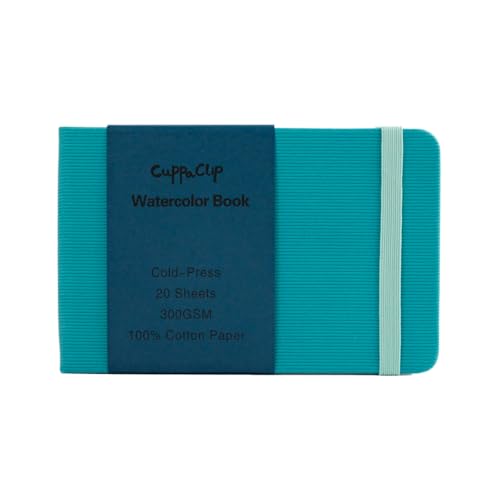 CuppaClip Watercolor Paper Cotton Cold Press with Inner Pocket Watercolor Sketchbook Journal As Travel Notebook 300 GSM 140 LB((Blue, 5.8x3.7in) - color: Blue, size: 5.8x3.7in