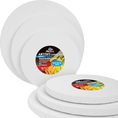 PHOENIX Round Stretched Canvas 6 Pack - 8, 10, 12 Inch Diameter (2 of Each) - 100% Cotton, 10 Oz Triple Primed White Blank Acid-Free Artist Shaped Canvases for Oil, Acrylic, Pouring Art - size: Round 8", 10" & 12", style: Studio Set (8 Oz.)