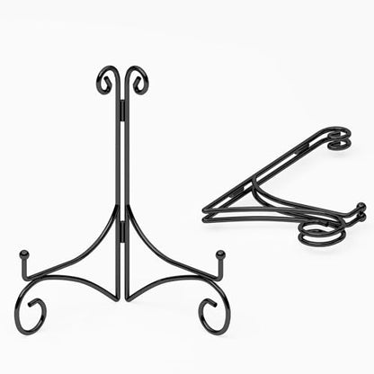 Plate Display Stands with Hinged Folding Design, 8 Inch Picture Frame Stand for Tables, Decorative Easels for Plates, Photos, Cards and Books, 8’’ Black
