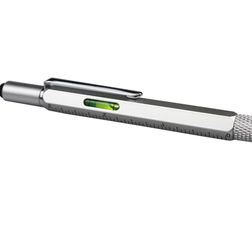 DUNBONG 6-in-1 Multi Pen, Stylus/Screwdriver, 0.7mm Black - Silver | Aluminum prismatic non-slip grip | Rotary no-cap design | Ruler & level built-in | Refillable | Long-lasting clip - color: Silver