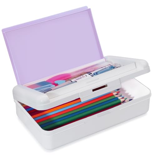 Plastic Hard Color Double Layer Cute Pencil Box Case For Girl Boy | Colored Kids Pen Case Box For Marker Crayon,School Office Art Supplies Storage Organizer Box,Medium Size(White Purple) - color: White Purple