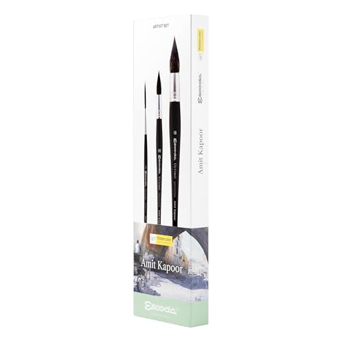 Escoda | Watercolour | Artist Set Amit Kapoor | Size 2,10,18 | 3 Brushes | Synthetic Tendo | Round mop + Rigger - color: Black, size: Artist Set