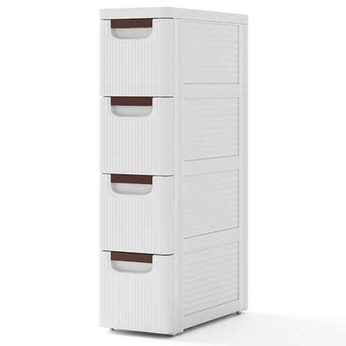 Giantex 4 Drawers Storage Cart, Narrow Plastic Dresser, Rolling Organizer Cart for Office Classroom Bedroom Bathroom Art Craft Supplies, Mobile Slim Utility Cart on Wheels (7.5"x16.5"x29.5") - color: White, size: 7.5"x16.5"x29.5" (4 Drawer)
