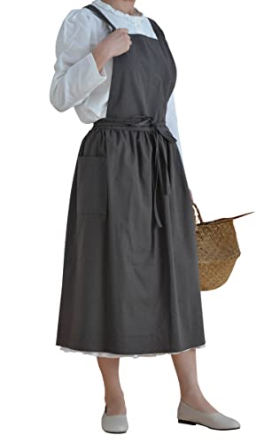 Cotton Pleated Apron Retro Waterdrop Proof Garden Cleaning Pinafore Dress - color: Darkgrey