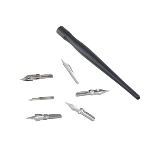 2 Set of Wood Dip Pens and Pen Nibs, Black - color: Black