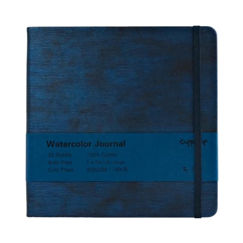 CuppaClip Leather Watercolor Journal, 300gsm/140lb 100% Cotton Cold Press Water Color Paper, 20 Sheets Acid-Free Watercolor Sketchbook Art Notebook for Painting, Drawing, Travel (Dark Blue, 7×7in) - color: Dark Blue, size: 7×7in