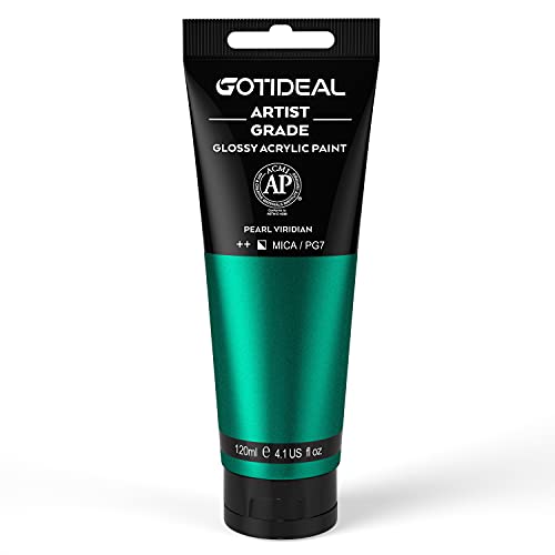 GOTIDEAL Metallic Acrylic Paint Pearl Viridian Green Tubes(120ml, 4.1 oz) | Non Toxic, Non Fading, Rich Pigments,for Painters, Adults & Kids,Ideal for Canvas Wood Clay Fabric Ceramic Craft Supplies - color: Pearl Viridian, style: Metallic