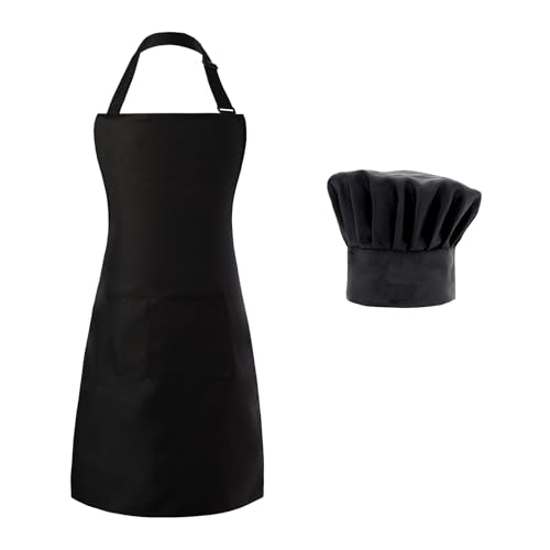 Tosewever Chef Apron Hat Set for Women and Men, Adjustable Bib Apron with 2 Pockets Costume Apron for Father Kitchen Cooking - color: Black