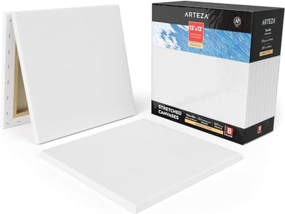 ARTEZA Premium Stretched Canvas, 12 x 12 Inches, Pack of 8, Blank White Square Canvas Boards for Acrylic, Oil and Gouache Painting - color: White - Premium, size: 12 x 12 (Pack of 8)