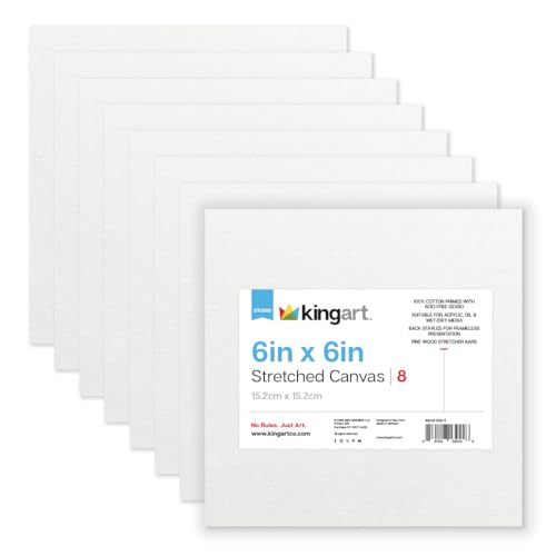 KINGART 838-8 Stretched White Canvas for Painting, 6 x 6 Inch, Pack of 8 | 100% Cotton, Gesso Primed, 5/8" Stretcher Bars, Ready to Paint - size: 6 x 6 Inch
