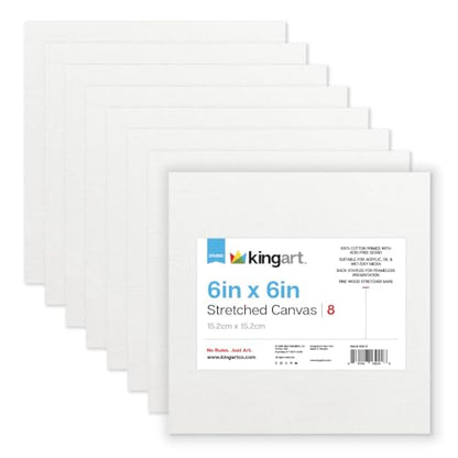 KINGART 838-8 Stretched White Canvas for Painting, 6 x 6 Inch, Pack of 8 | 100% Cotton, Gesso Primed, 5/8" Stretcher Bars, Ready to Paint - size: 6 x 6 Inch