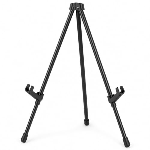 QWORK 14.5" Tabletop Easel Stand, Foldable Black Metal Tripod for Art Canvas, Posters & Signage, Adjustable Display Holder for Trade Shows, Presentations & Home Decor