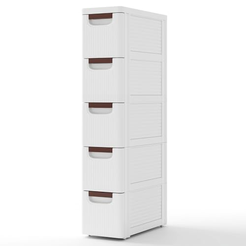 Giantex 5 Drawers Storage Cart, Narrow Plastic Dresser, Rolling Organizer Cart for Office Classroom Bedroom Bathroom Art Craft Supplies, Mobile Slim Utility Cart on Wheels (7.5"x16.5"x36") - color: White, size: 7.5"x16.5"x36" (5 Drawer)