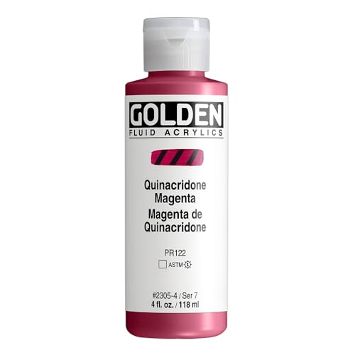 GOLDEN Fluid Acrylics, Quinacridone Magenta, 4 fl. oz. Bottle | Artist grade acrylic paint with rich pigment load and a flowing constency useful for even coverage and fine details.