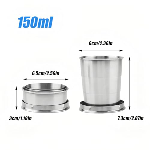 Stainless Steel Collapsible Cup, 150ml Camping Folding Cup Retractable Travel Mug with Lid Keychain Portable Drinking Outdoor Demountable Stackable Expandable Protective Cap for Hiking Picnic(M) - size: M