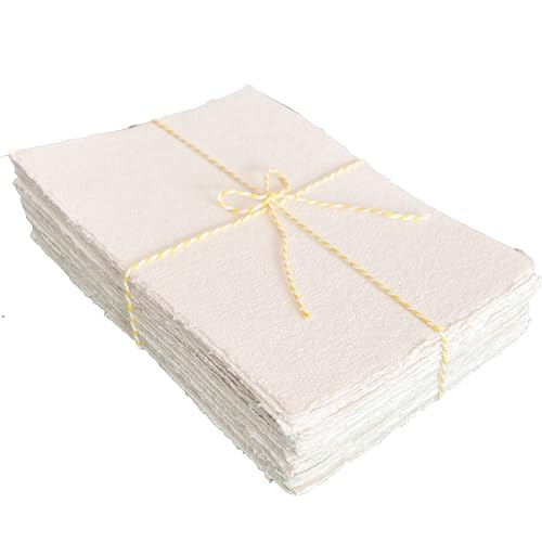 Bitskit 170 GSM Handmade Cotton Deckle Edge Paper – Lightweight, Textured Sheets for Invitations, Stationery, Journals, and Art Projects (Pack of 50) (4 x 6 inch) - size: 4 x 6 inch