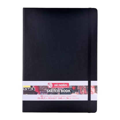Talens Art Creation Sketchbook, 140 GSM/90 lbs, Black, 8.27 x 11.69 in | Hard-Bound Notebook, 80 Sheets Acid-Free Cream Blank Paper, Ribbon Bookmark and Elastic Closure - size: 21×30cm