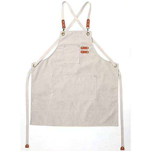Kids Apron for Girls and Boys Heavy Duty Apron with Pockets and Adjustable Cross back Strap - color: Beige