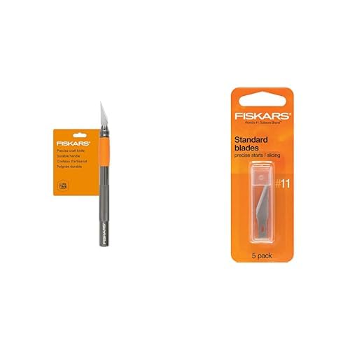 Fiskars Heavy Duty Die Cast, Exacto, 8 Inch, Precision Knife for Crafts, Multi Use Blade with Protective Cover, Steel & 196010-1006 Standard Number 11 Blades, 5 Pack, Orange