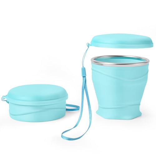 8.8oz/260ml Collapsible Silicone Cup with Lid,BPA-Free,304 Stainless Steel Rim,Portable Cup for Travel,Camping, Hiking,Outdoor Sports (Light Blue) - color: Light Blue