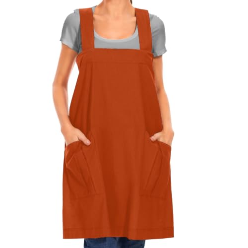 Larmliss Women's Cotton Cross Back Apron Pinafore Dress with Big Pockets Loose Square Apron for Baking Cooking Gardening - color: Orange, size: Large