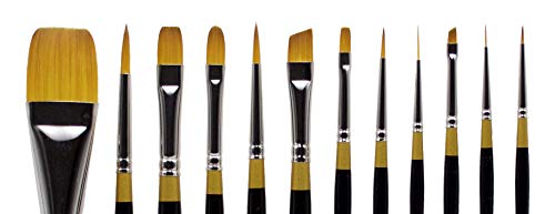 KINGART Premium Original Gold Series Handcrafted Golden Taklon Multimedia Artist Brushes, Set of 12, Black Glosss Handle, for Oil, Acrylic, Watercolor & Gouache Paints