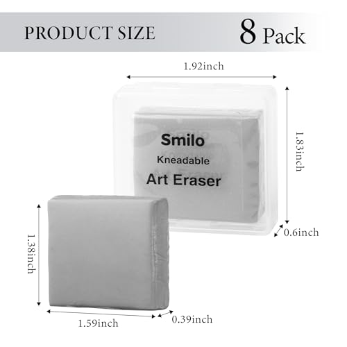 Smilo Kneaded Erasers for Artists, Gray Moldable Putty, 8-Pack | Reusable, Dust-Free and No Smudge, Art Erasers with Storage Case for Charcoal, Graphite, Pencil and Pastel Drawing - color: Gray