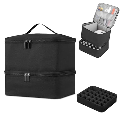 Buruis 2 Layer Nail Polish Bag, Nail Supplies Organizer, Black | Dual Zippers, Adjustable Divider, Nail Dryer Storage, Fits 25 Bottles (15ML), Nail Tools Bag, Portable Manicure Case - color: Black