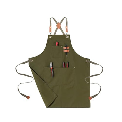 Chef Aprons for Men Canvas Apron with Large Pockets and Adjustable Neck Strap for Cooking,BBQ, Gardening - color: Green