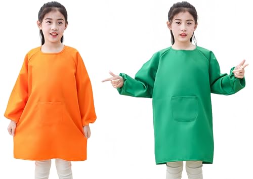 Lauthen.S 2 Pack Kids Art Smocks, Long Sleeve Artist Painting Aprons - color: Orange + Green, size: L(8-12 Years)