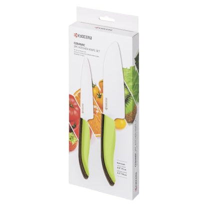 KYOCERA Revolution 2-Pc Ceramic Knife Set: 5.5” Santoku & 4.5” Utility | KYOCERA Revolution Ceramic Knife Duo: 5.5” Santoku & 4.5” Utility Blades for Precise Slicing, Trimming, and Daily Meal Prep - color: White/Green