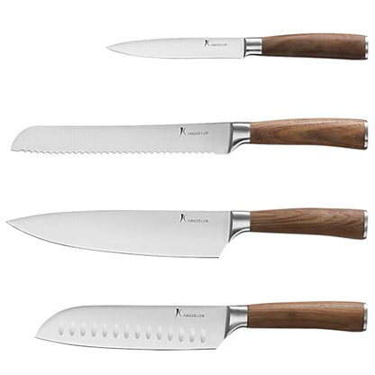 kangdelun Ultra Sharp 4-Piece Chef Knife Set, 50Cr15MoV High-Carbon Stainless Steel, Torrefied Brown Ash Wood Handles, Magnetic Gift Box