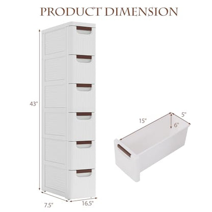 POWERSTONE 6-Drawer Plastic Storage Cart, Narrow Organizer Rolling Cart with 4 Wheels, Space-Saving Slim Mobile Utility for Bathroom, Office & Classroom - size: 43"H 6 Drawer