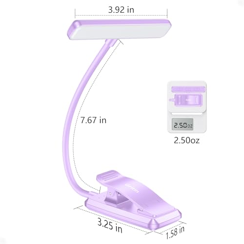 Gritin 19 LED Rechargeable Book Light for Reading in Bed | Eye Caring 3 Color Temps,Stepless Dimming Brightness,Memory Function,90 Hrs Runtime Lightweight Clip on Light-Purple - color: Purple