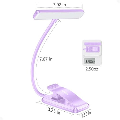 Gritin 19 LED Rechargeable Book Light for Reading in Bed | Eye Caring 3 Color Temps,Stepless Dimming Brightness,Memory Function,90 Hrs Runtime Lightweight Clip on Light-Purple - color: Purple
