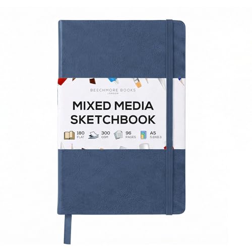 Beechmore Books A5 5.8x8.3 Mixed Media Sketchbook 300 GSM/140LBS | Heavyweight Vegan Leather Hardcover, 96 Pages Art Journal, Art Supplies for Paintings, Gouache, Watercolor & Ink - color: Symphony Blue, size: A5 - 5" x 8" Medium