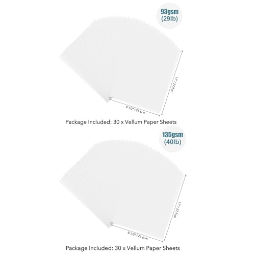 BAOFALI 60 Sheets/Set Translucent Vellum Paper,Frosted Smooth Vellum Paper Printable Vellums for DIY Invitations Greeting Cards Card Overlays,Drawing,Envelope (8.5x11inch 93gsm/29lb；135gsm/40lb) - size: 135gsm/40lb (60 Sheets)