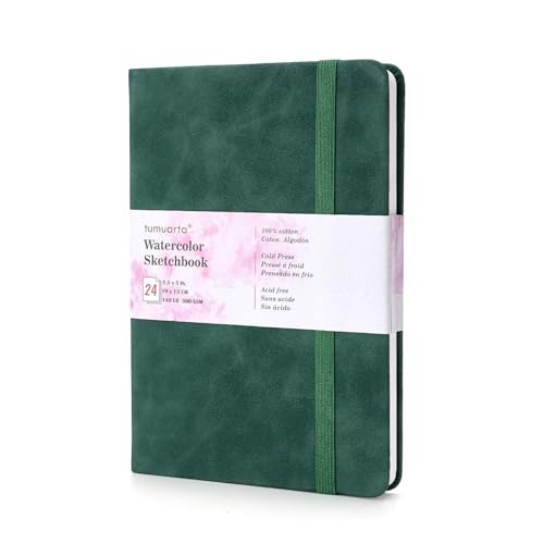 tumuarta Watercolor - Sketchbook, 7.5x5 in, 140 LB, 300GSM, 100% Cotton, Acid Free, Cold Press, 24 Sheets,48 Pages, Watercolor Paper Journal for Use As Travel Notebook and Mixed Media Pad On The Go - color: Deep Green, size: 7.5"x5"