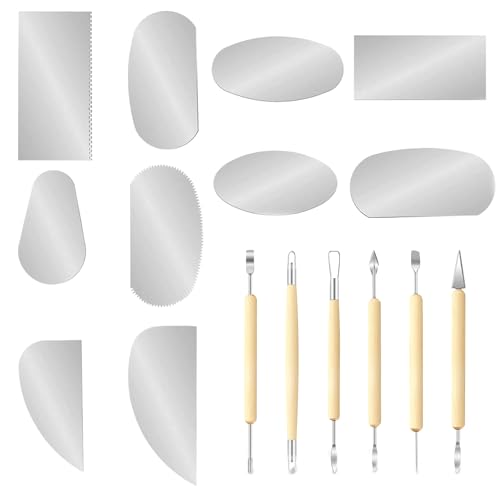 15PCS Pottery & Sculpting Tool Set, 10 Stainless Steel Clay Ribs & Serrated Scrapers & 5 Double Side Wooden Handle Modeling Tools for Ceramics, Clay Sculpting, Texturing, Smoothing & Pottery Crafting