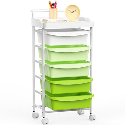 5 Drawers Plastic Rolling Storage Cart with Wheels, Teacher Supply - color: Green