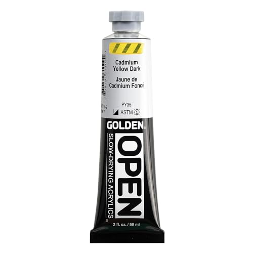 GOLDEN OPEN Slow-Drying Acrylics, Cadmium Yellow Dark, 2 fl. oz. Tube | Artist grade acrylic paint with extended working time for blending, glazing, and traditional painting techniques. - color: Cadmium Yellow Dark, size: 2 Fl Oz (Pack of 1)